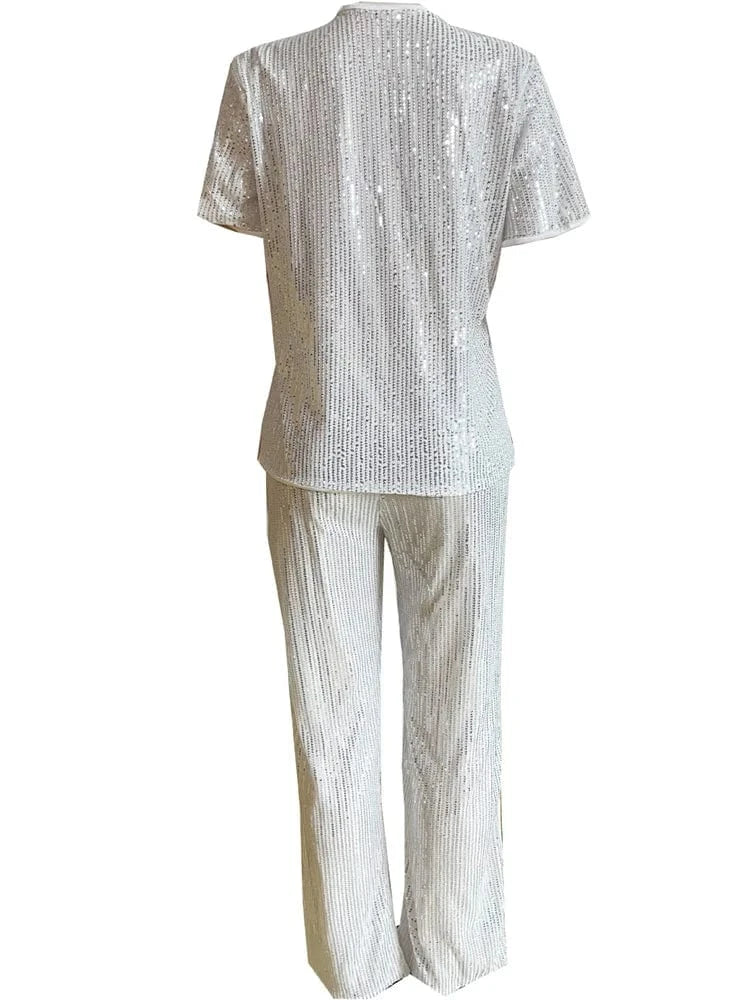Wmstar Women Two Piece Set Spring Female Casual Shinny Sequin Round Neck Fashion Solid Short Sleeved Tshirt Wide Leg Pants Suit