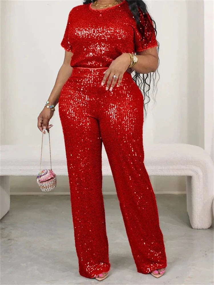 Wmstar Women Two Piece Set Spring Female Casual Shinny Sequin Round Neck Fashion Solid Short Sleeved Tshirt Wide Leg Pants Suit