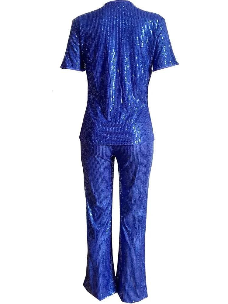 Wmstar Women Two Piece Set Spring Female Casual Shinny Sequin Round Neck Fashion Solid Short Sleeved Tshirt Wide Leg Pants Suit