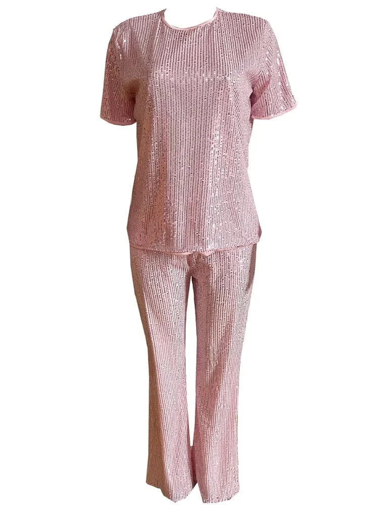 Wmstar Women Two Piece Set Spring Female Casual Shinny Sequin Round Neck Fashion Solid Short Sleeved Tshirt Wide Leg Pants Suit