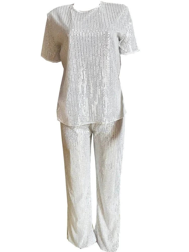 Wmstar Women Two Piece Set Spring Female Casual Shinny Sequin Round Neck Fashion Solid Short Sleeved Tshirt Wide Leg Pants Suit