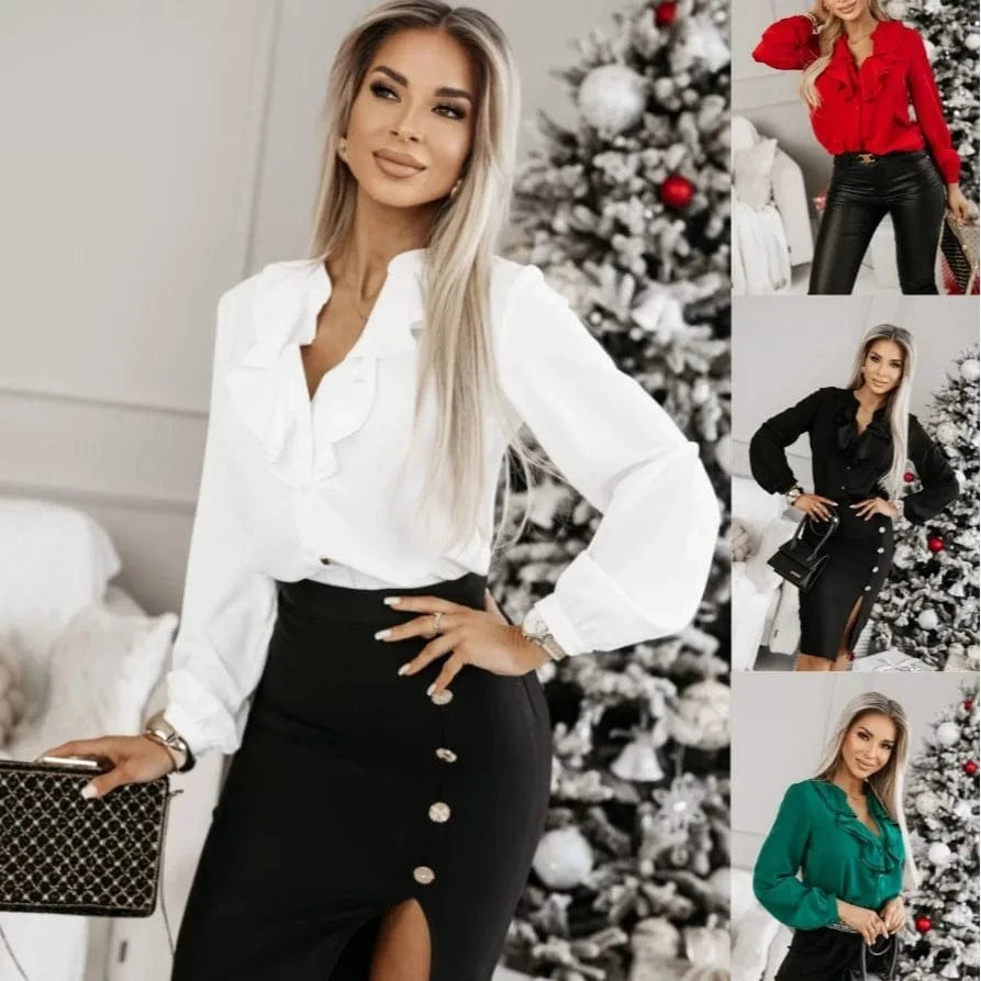 Woman Blouse 2024 Spring Fashion Ruffle Edge Long Sleeved Sexy V-Neck Solid Color Long Sleeved Button Shirt Top