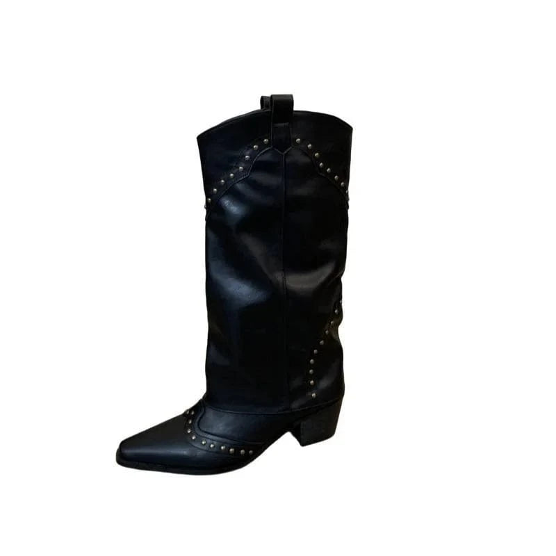 Woman Cowgirl Boots Fashion Slip On Ladies Elegant Square Heel Long Pipe Boots Shoes Retro Women's Winter Footwear