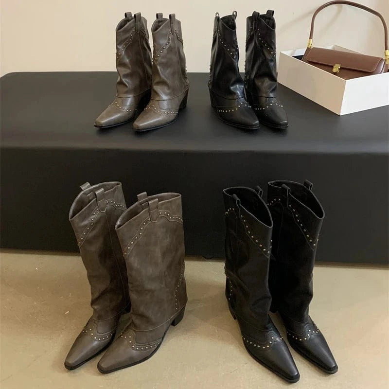 Woman Cowgirl Boots Fashion Slip On Ladies Elegant Square Heel Long Pipe Boots Shoes Retro Women's Winter Footwear
