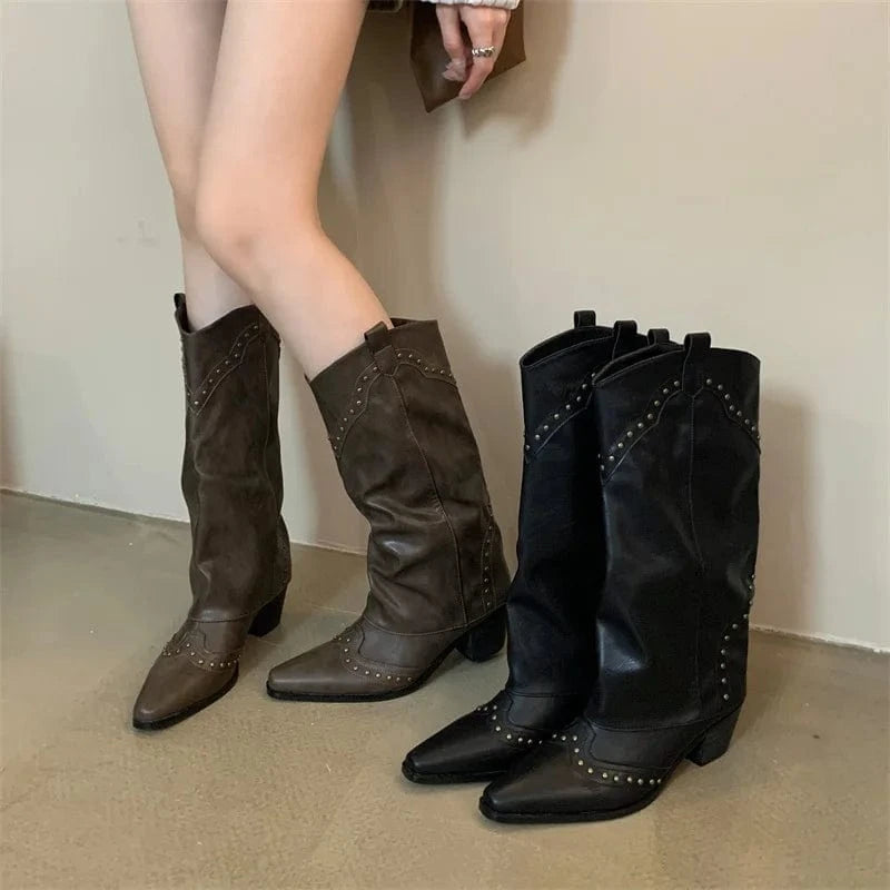 Woman Cowgirl Boots Fashion Slip On Ladies Elegant Square Heel Long Pipe Boots Shoes Retro Women's Winter Footwear