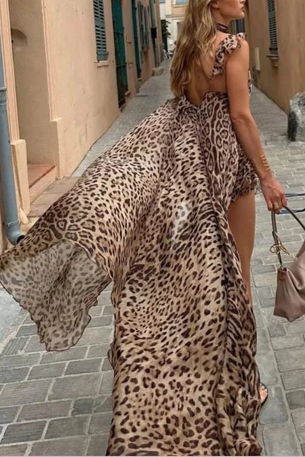 Woman Leopard Print Chiffon Set 2 Piece Summer Sexy Holiday Beach Chic Skirt Two Pieces Set Lady Wear Outfits