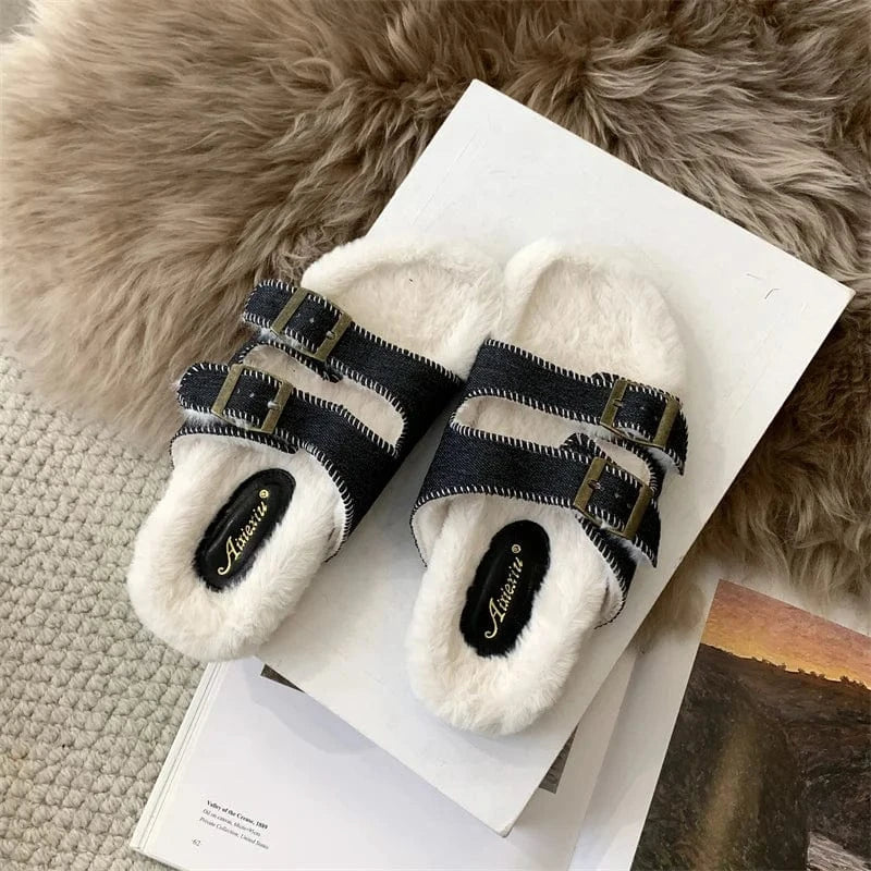 Woman Plush Slippers 2024 Casual Flats Furry Slides Winter Comfort Warm Bedroom Shoes Ladies Luxury Designer Home Cotton Boots