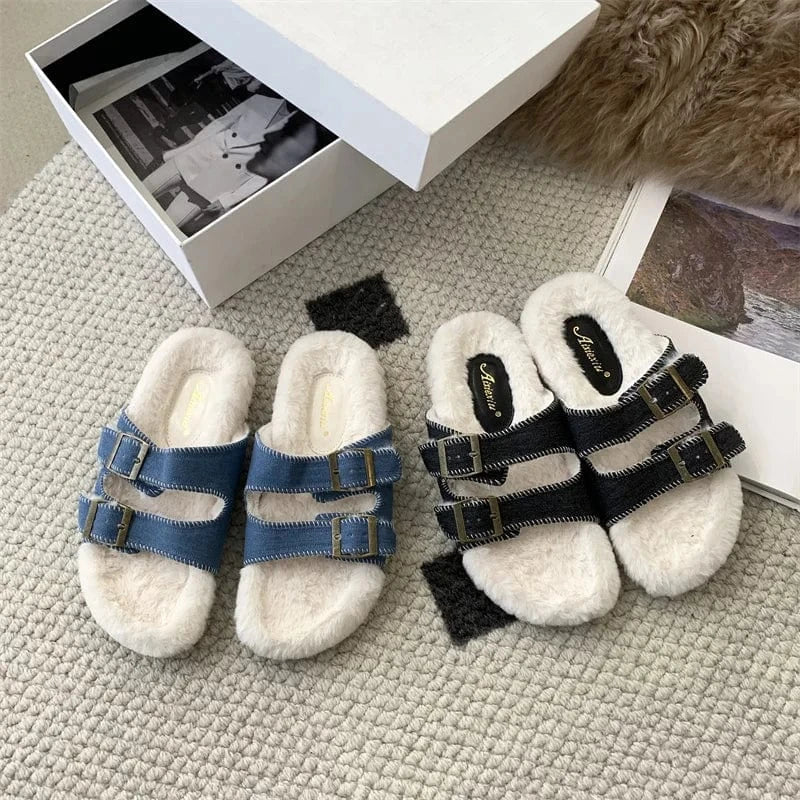 Woman Plush Slippers 2024 Casual Flats Furry Slides Winter Comfort Warm Bedroom Shoes Ladies Luxury Designer Home Cotton Boots