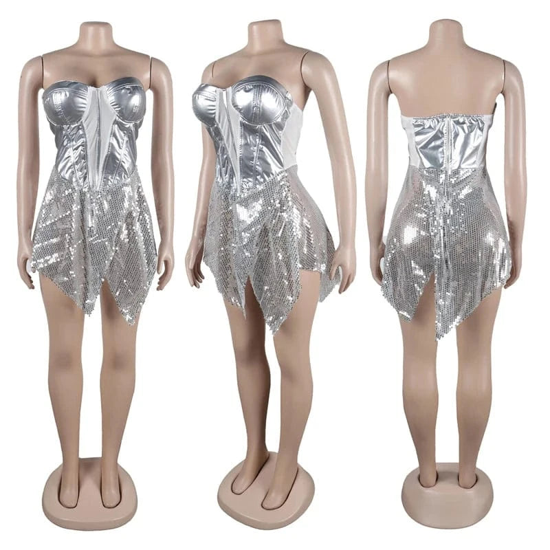 woman polyester sexy sleeveless shiny sequin silver metallic clubwear summer 2024 party luxury evening mini dress for women
