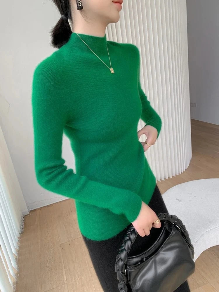 Women 100% Cashmere Sweater Mock Neck Pullover Autumn Winter Slim Basic Cashmere Knitwear Soft Warm High Strecth Pullover Tops