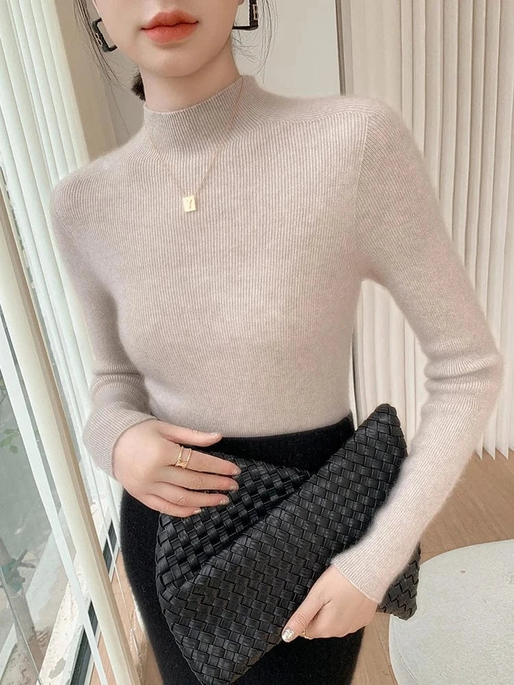Women 100% Cashmere Sweater Mock Neck Pullover Autumn Winter Slim Basic Cashmere Knitwear Soft Warm High Strecth Pullover Tops