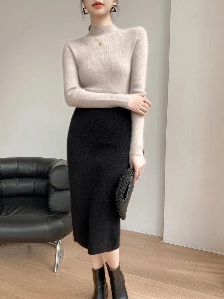 Women 100% Cashmere Sweater Mock Neck Pullover Autumn Winter Slim Basic Cashmere Knitwear Soft Warm High Strecth Pullover Tops