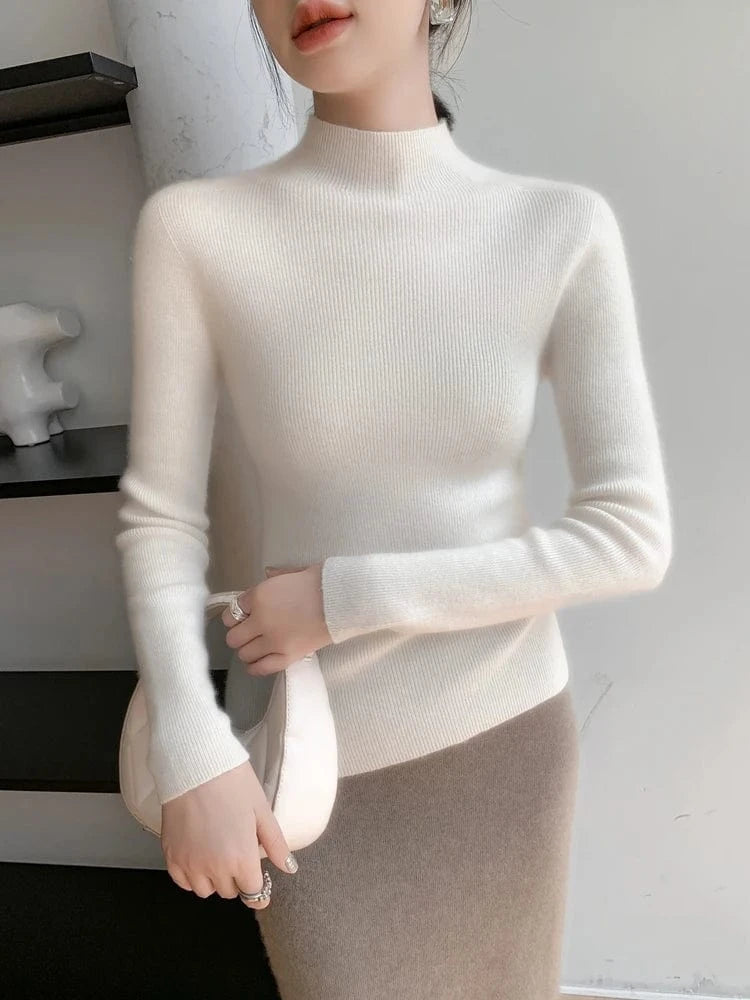 Women 100% Cashmere Sweater Mock Neck Pullover Autumn Winter Slim Basic Cashmere Knitwear Soft Warm High Strecth Pullover Tops
