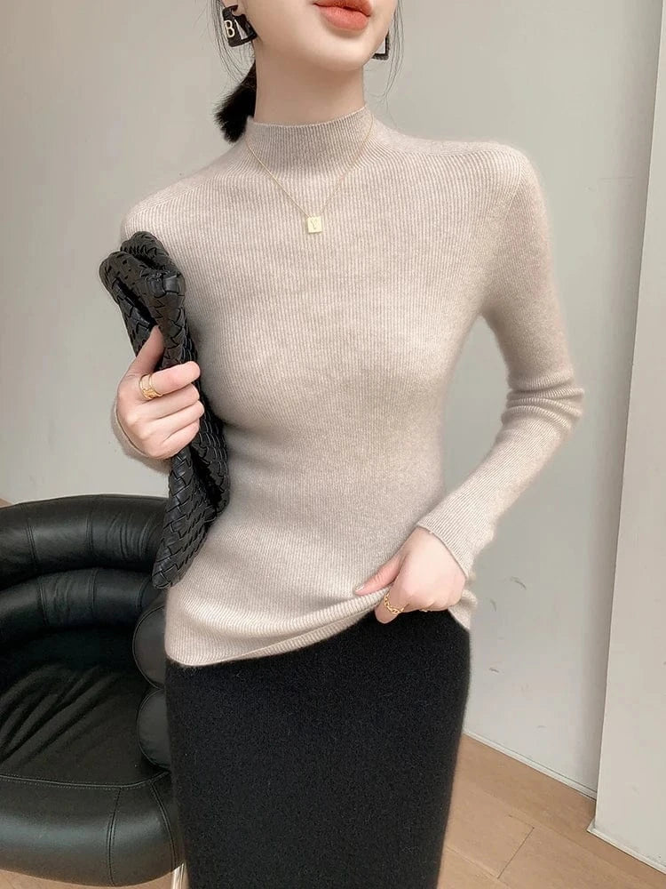 Women 100% Cashmere Sweater Mock Neck Pullover Autumn Winter Slim Basic Cashmere Knitwear Soft Warm High Strecth Pullover Tops