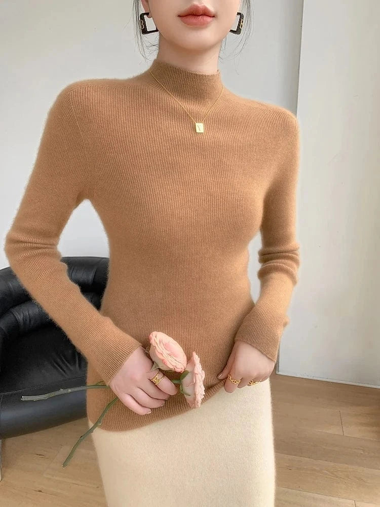 Women 100% Cashmere Sweater Mock Neck Pullover Autumn Winter Slim Basic Cashmere Knitwear Soft Warm High Strecth Pullover Tops
