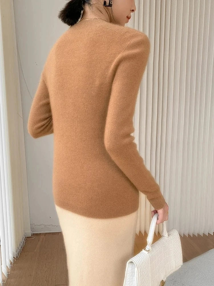 Women 100% Cashmere Sweater Mock Neck Pullover Autumn Winter Slim Basic Cashmere Knitwear Soft Warm High Strecth Pullover Tops