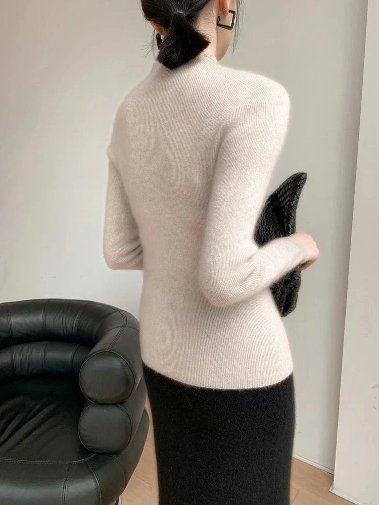 Women 100% Cashmere Sweater Mock Neck Pullover Autumn Winter Slim Basic Cashmere Knitwear Soft Warm High Strecth Pullover Tops