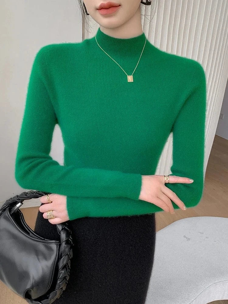Women 100% Cashmere Sweater Mock Neck Pullover Autumn Winter Slim Basic Cashmere Knitwear Soft Warm High Strecth Pullover Tops