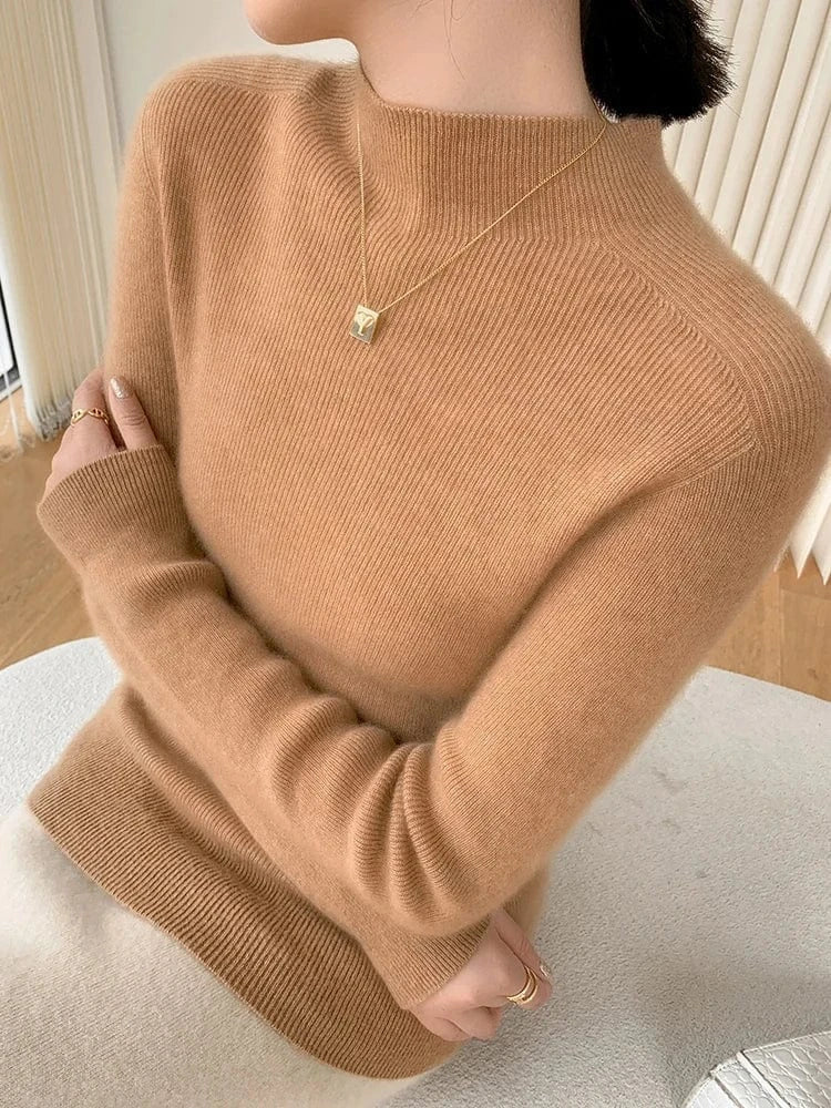 Women 100% Cashmere Sweater Mock Neck Pullover Autumn Winter Slim Basic Cashmere Knitwear Soft Warm High Strecth Pullover Tops