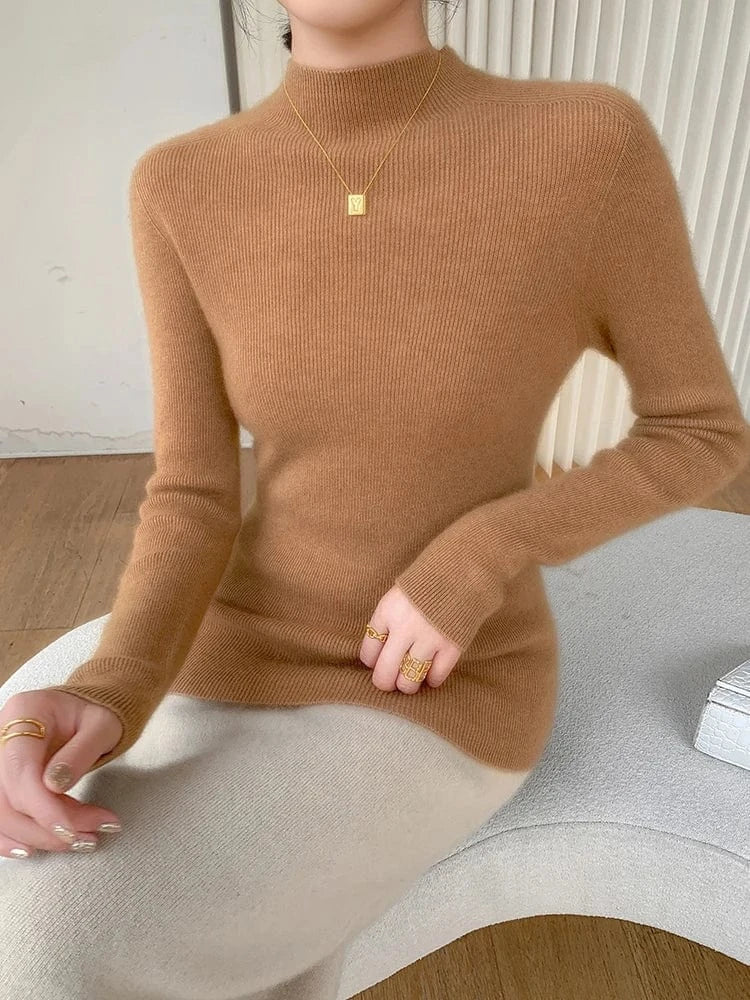 Women 100% Cashmere Sweater Mock Neck Pullover Autumn Winter Slim Basic Cashmere Knitwear Soft Warm High Strecth Pullover Tops