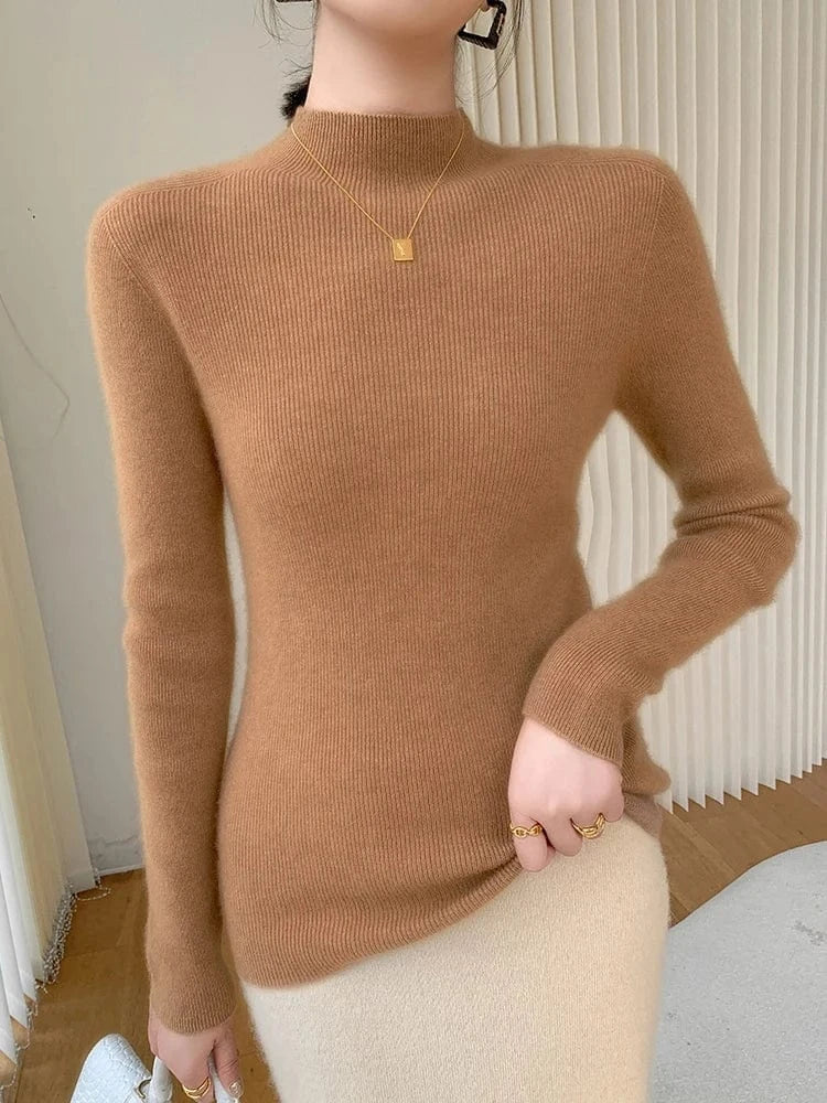 Women 100% Cashmere Sweater Mock Neck Pullover Autumn Winter Slim Basic Cashmere Knitwear Soft Warm High Strecth Pullover Tops