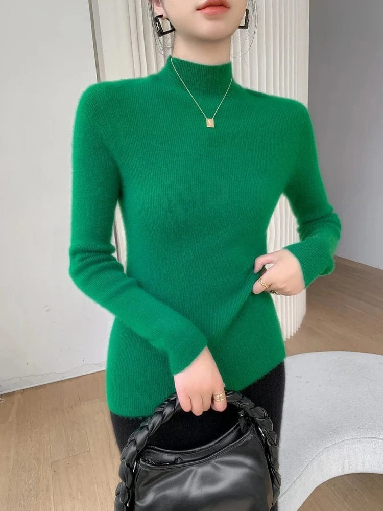 Women 100% Cashmere Sweater Mock Neck Pullover Autumn Winter Slim Basic Cashmere Knitwear Soft Warm High Strecth Pullover Tops