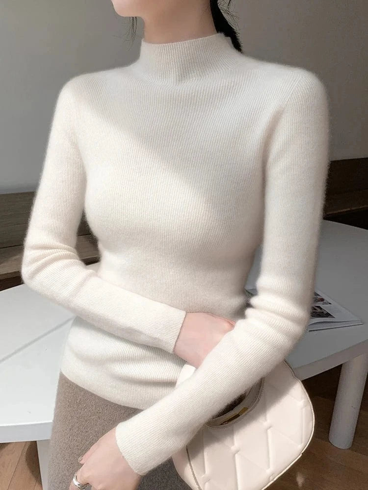 Women 100% Cashmere Sweater Mock Neck Pullover Autumn Winter Slim Basic Cashmere Knitwear Soft Warm High Strecth Pullover Tops