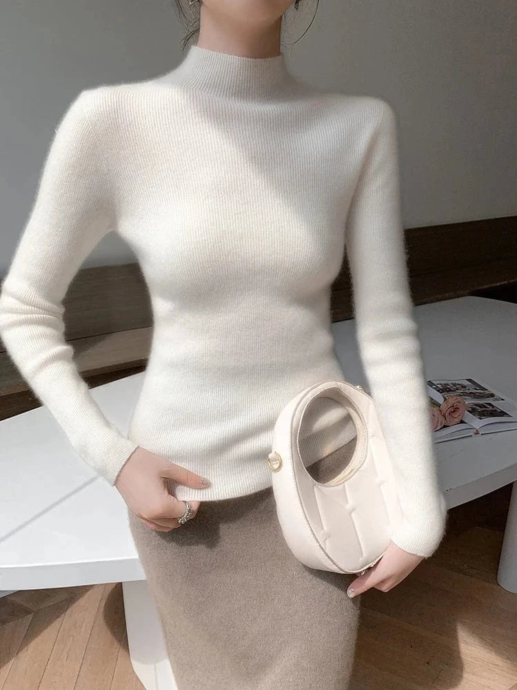 Women 100% Cashmere Sweater Mock Neck Pullover Autumn Winter Slim Basic Cashmere Knitwear Soft Warm High Strecth Pullover Tops