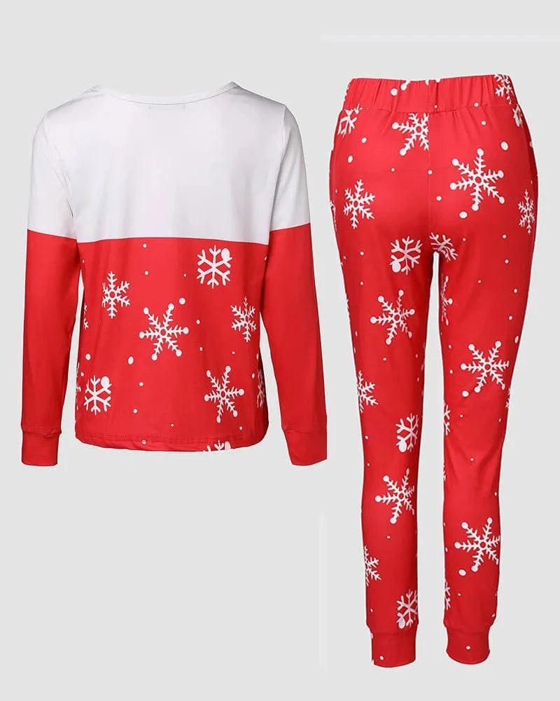 Women 2 Piece Christmas Let it Snow Cartoon Print Crewneck Pullover Top Casual Pants Pajamas Set