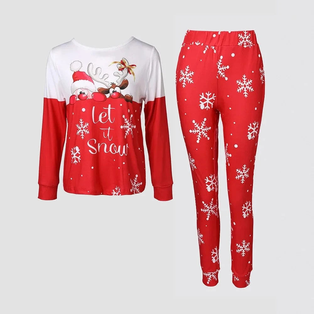 Women 2 Piece Christmas Let it Snow Cartoon Print Crewneck Pullover Top Casual Pants Pajamas Set
