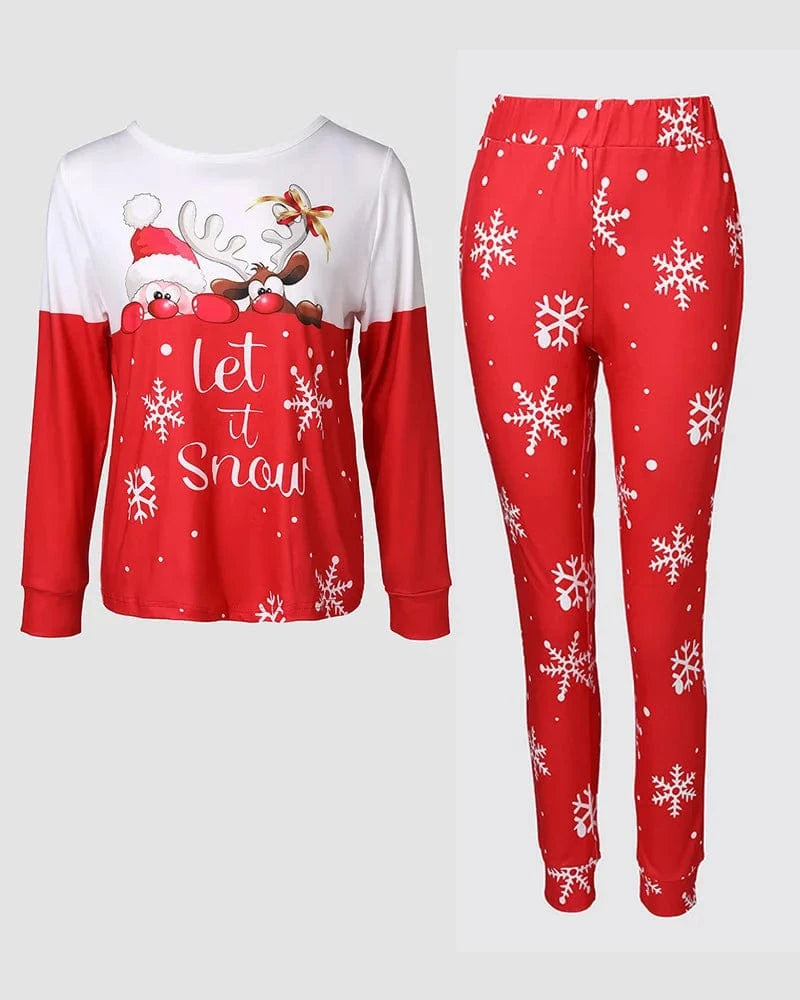 Women 2 Piece Christmas Let it Snow Cartoon Print Crewneck Pullover Top Casual Pants Pajamas Set