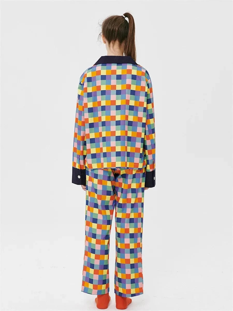 Women 2 Piece Pajamas Set Colorful Plaid Print Long Sleeve Button up Shirt and Elastic Pants for Loungewear Soft Sleepwear Pjs