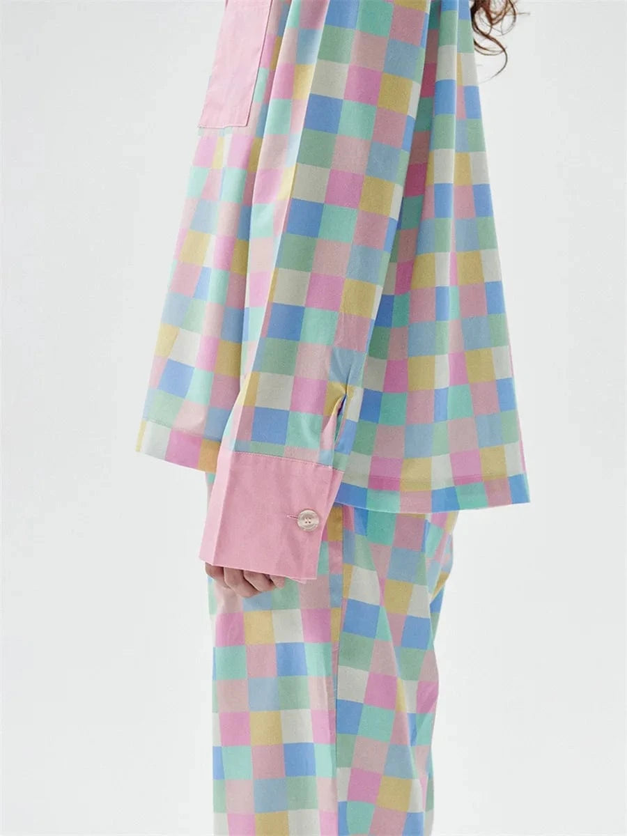 Women 2 Piece Pajamas Set Colorful Plaid Print Long Sleeve Button up Shirt and Elastic Pants for Loungewear Soft Sleepwear Pjs