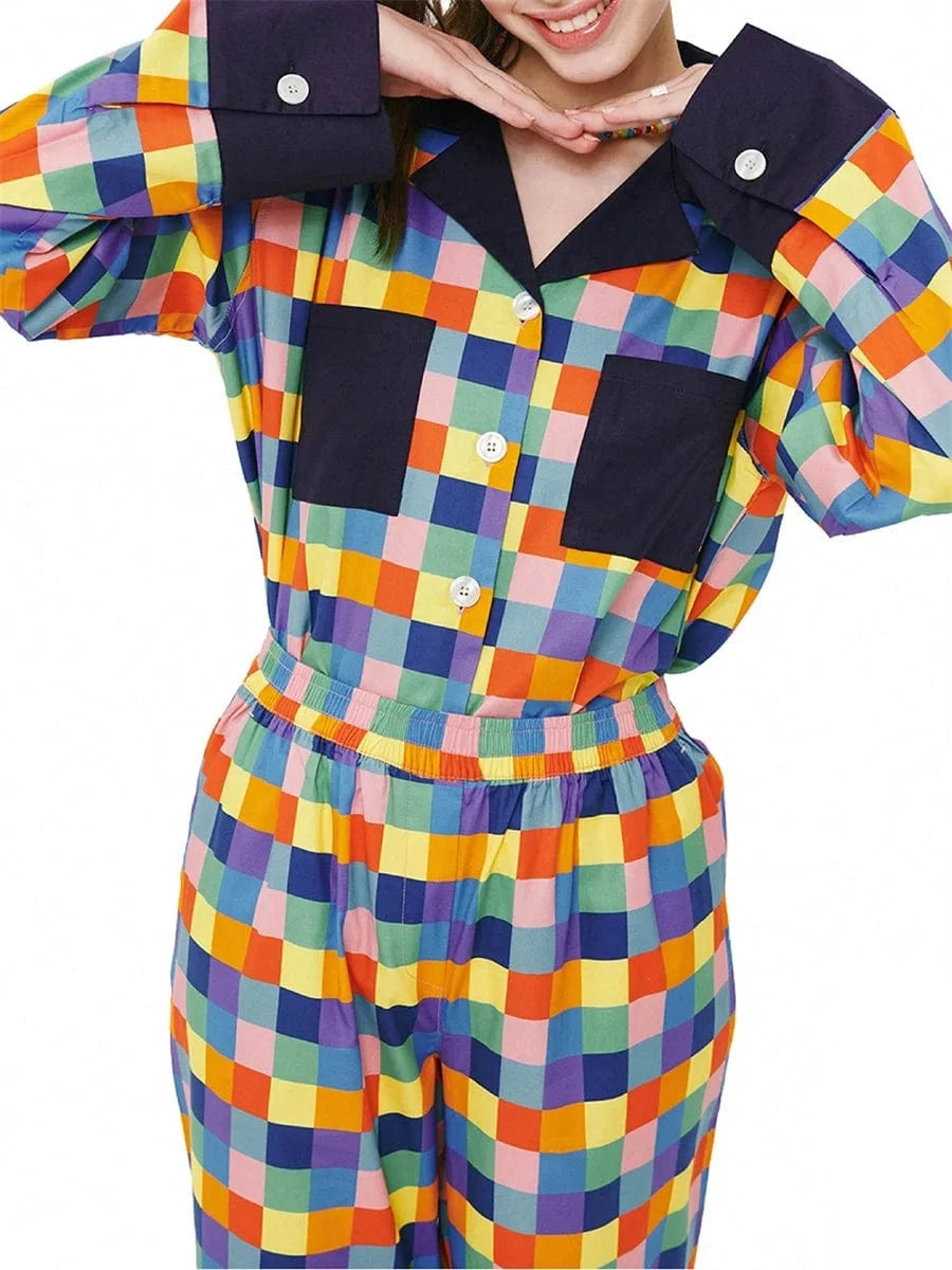 Women 2 Piece Pajamas Set Colorful Plaid Print Long Sleeve Button up Shirt and Elastic Pants for Loungewear Soft Sleepwear Pjs