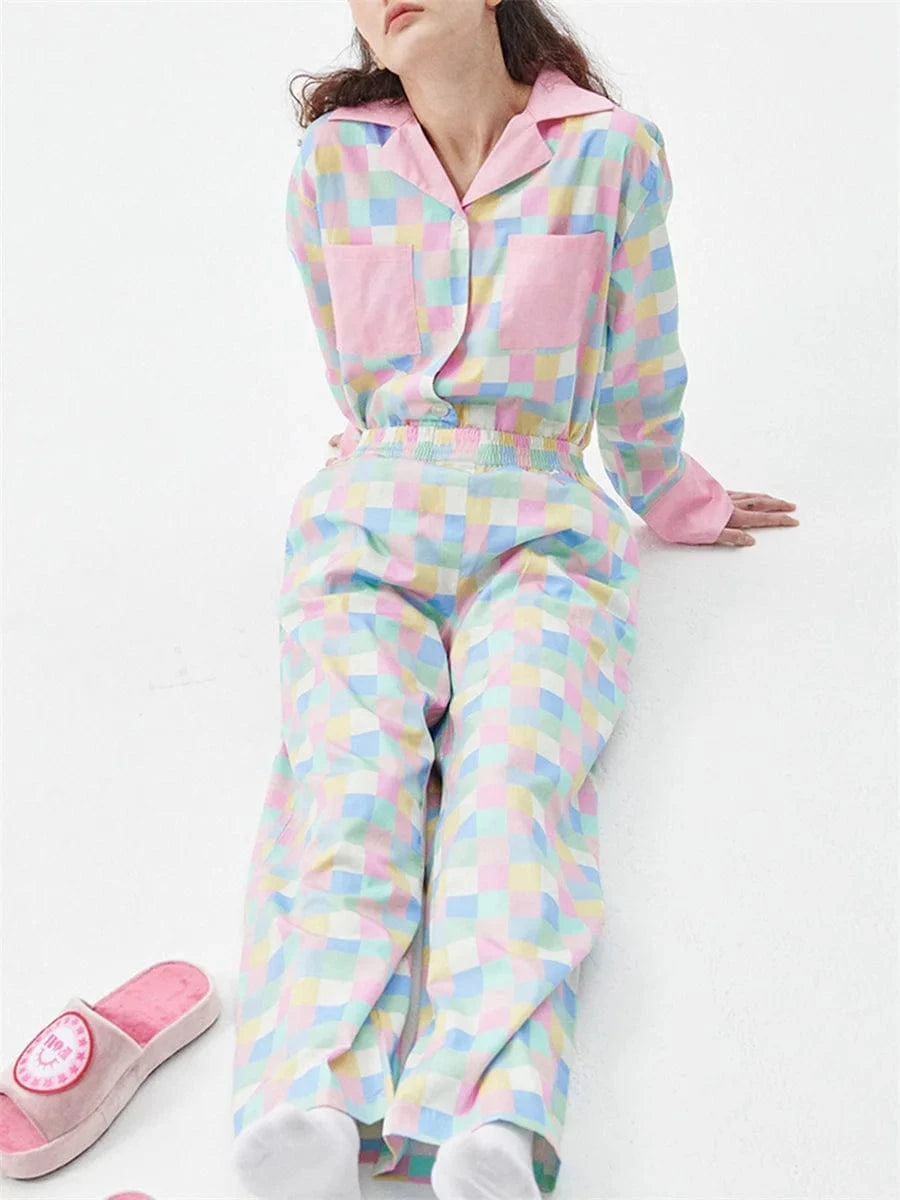 Women 2 Piece Pajamas Set Colorful Plaid Print Long Sleeve Button up Shirt and Elastic Pants for Loungewear Soft Sleepwear Pjs