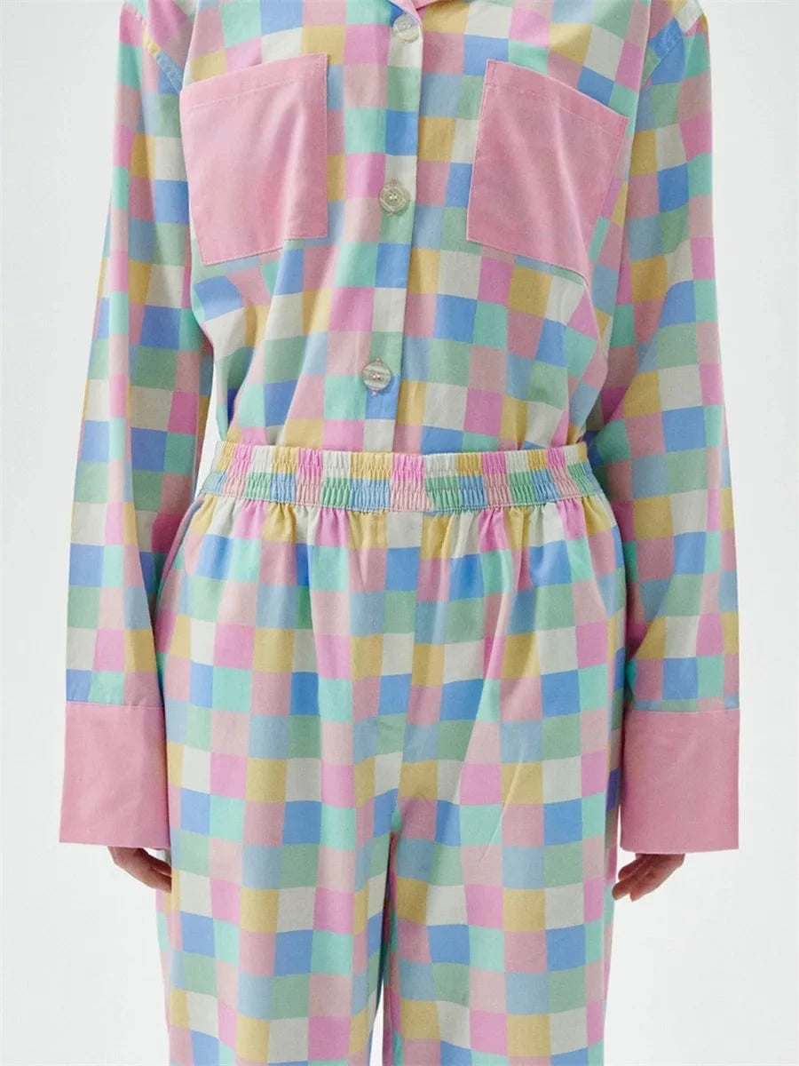 Women 2 Piece Pajamas Set Colorful Plaid Print Long Sleeve Button up Shirt and Elastic Pants for Loungewear Soft Sleepwear Pjs