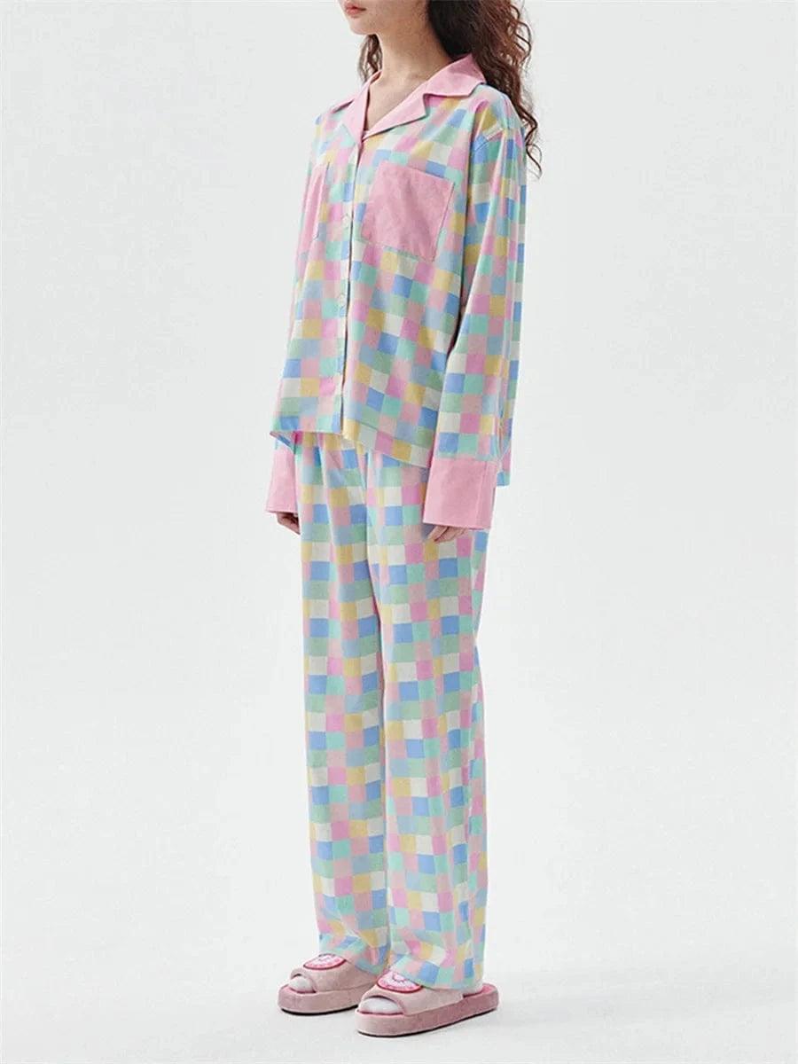 Women 2 Piece Pajamas Set Colorful Plaid Print Long Sleeve Button up Shirt and Elastic Pants for Loungewear Soft Sleepwear Pjs