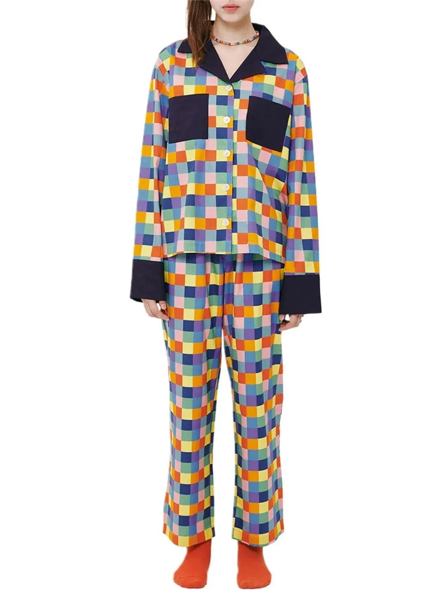 Women 2 Piece Pajamas Set Colorful Plaid Print Long Sleeve Button up Shirt and Elastic Pants for Loungewear Soft Sleepwear Pjs