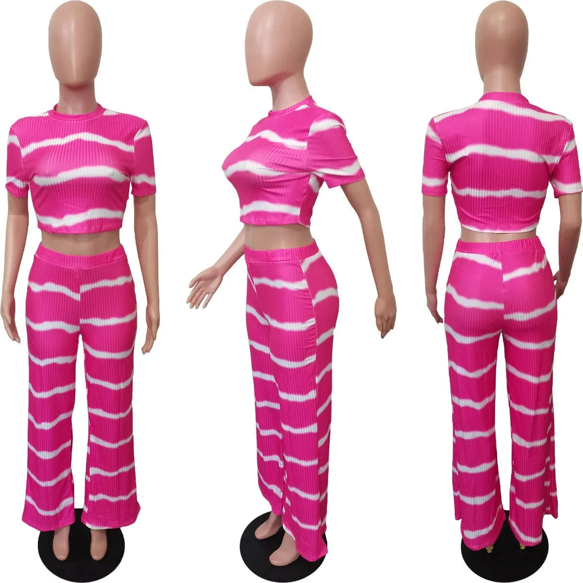 women 2 piece sets summer 2024 Women s Sets Striped print rib knit wide leg set