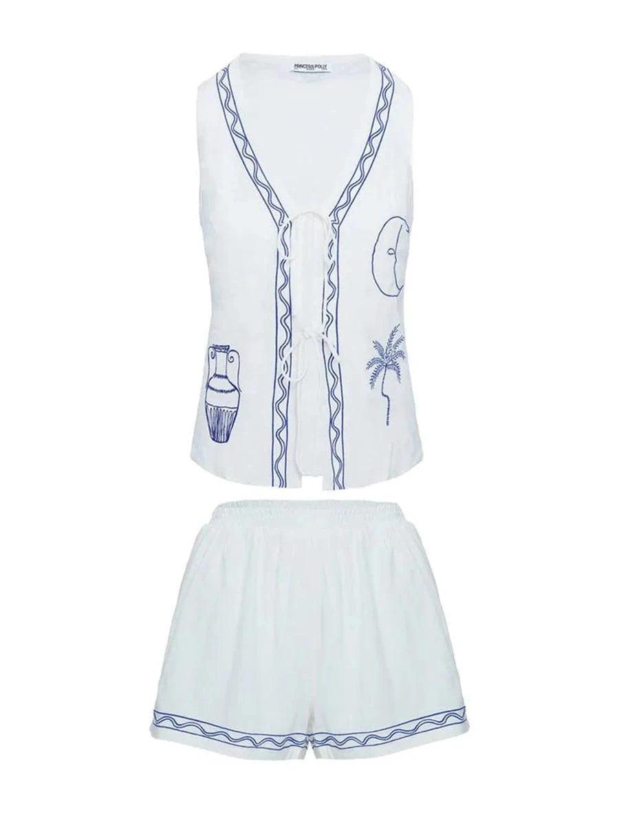 Women 2 Piece Shorts Set Moon Palm Tree Lacing V-Neck Sleeveless Vest Elastic Waistband Shorts Loungewear Outfits for Daily Life