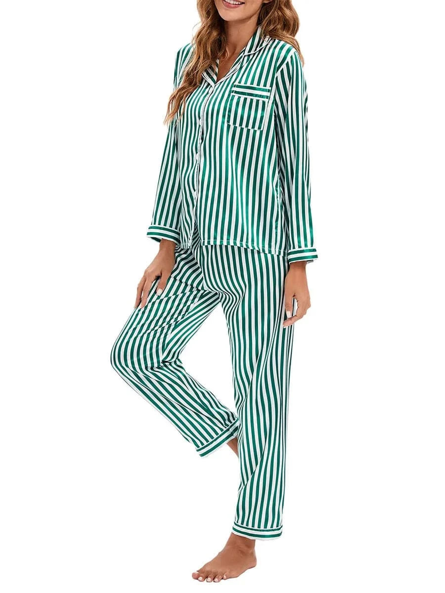 Women 2 Pieces Satin Pajamas Set Spring Autumn Long Sleeve Button Up Shirt and Casual Loose Elastic Pants Sleepwear Loungewear