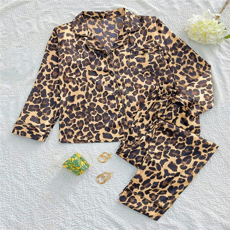 Women 2 Pieces Satin Pajamas Set Spring Autumn Long Sleeve Button Up Shirt and Casual Loose Elastic Pants Sleepwear Loungewear