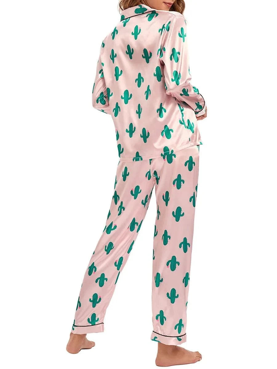 Women 2 Pieces Satin Pajamas Set Spring Autumn Long Sleeve Button Up Shirt and Casual Loose Elastic Pants Sleepwear Loungewear