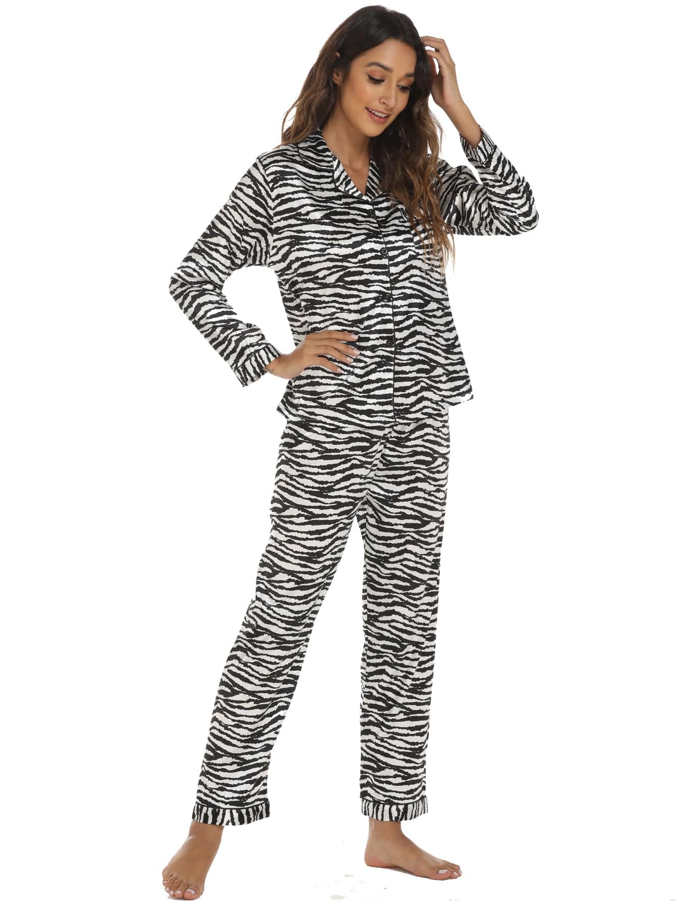 Women 2 Pieces Satin Pajamas Set Spring Autumn Long Sleeve Button Up Shirt and Casual Loose Elastic Pants Sleepwear Loungewear