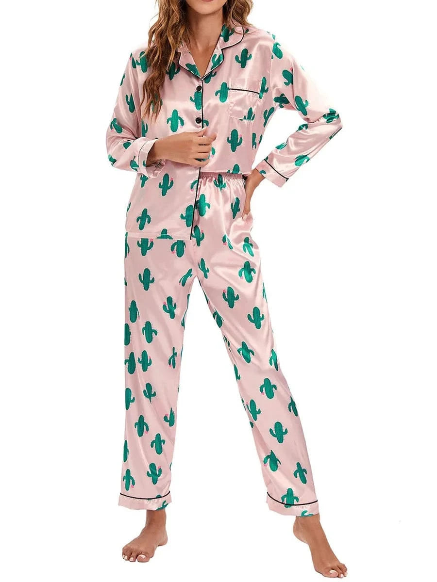 Women 2 Pieces Satin Pajamas Set Spring Autumn Long Sleeve Button Up Shirt and Casual Loose Elastic Pants Sleepwear Loungewear