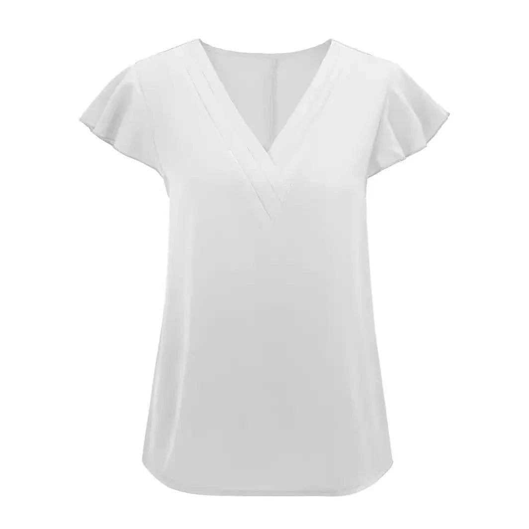 Women 2023 Summer Latest V Neck Ruffle Short Sleeve Loose Women's Dressy Chiffon Tops And Blouses