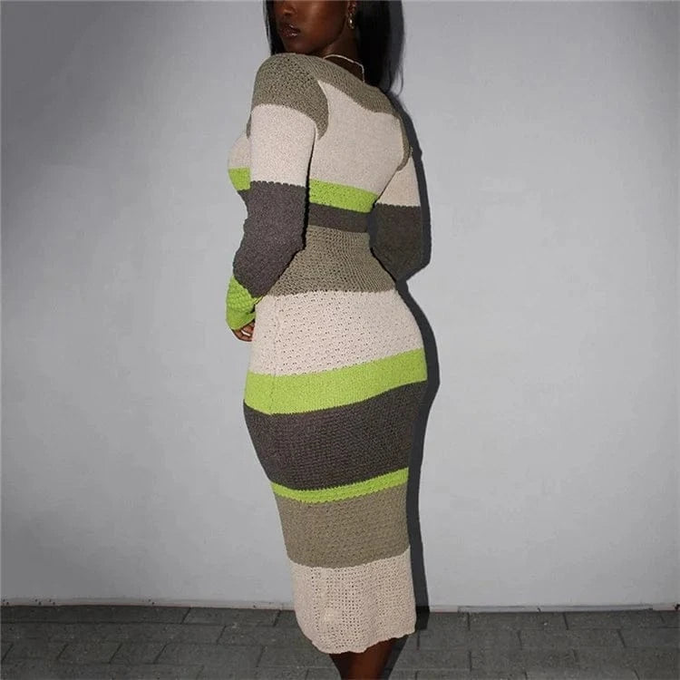 Women 2024 Spring Autumn Fashion Long Sleeve Knitted Streetwear Striped Bodycon Midi Dress