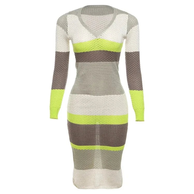 Women 2024 Spring Autumn Fashion Long Sleeve Knitted Streetwear Striped Bodycon Midi Dress