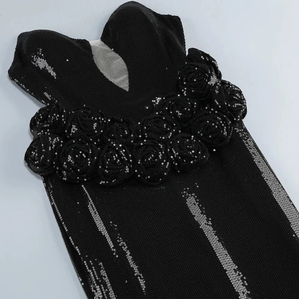 Women 2025 Black Sequin Strapless Mermaid Style Long Dress Hollow out Rose Embellishments Elegant Glamorous Party Evening Gown