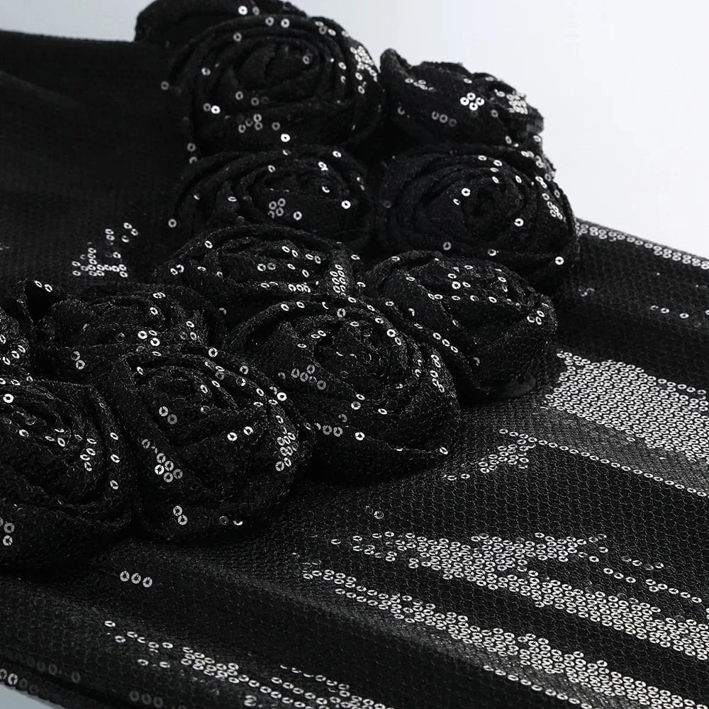 Women 2025 Black Sequin Strapless Mermaid Style Long Dress Hollow out Rose Embellishments Elegant Glamorous Party Evening Gown